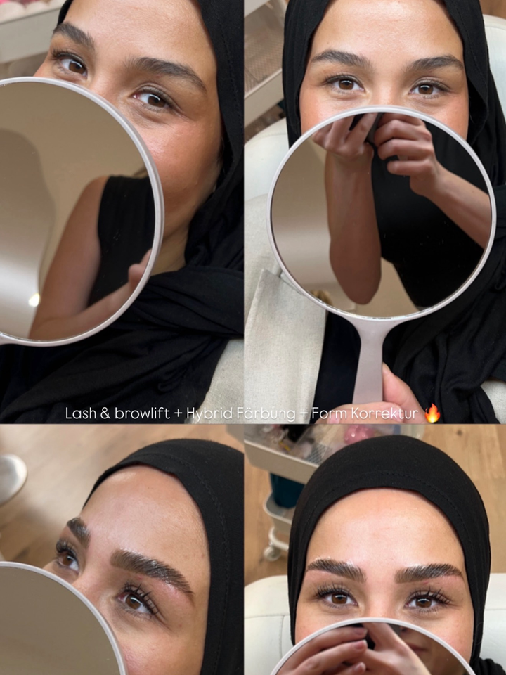 Vorher-Nachher Browlift mit Hybrid-Färbung
